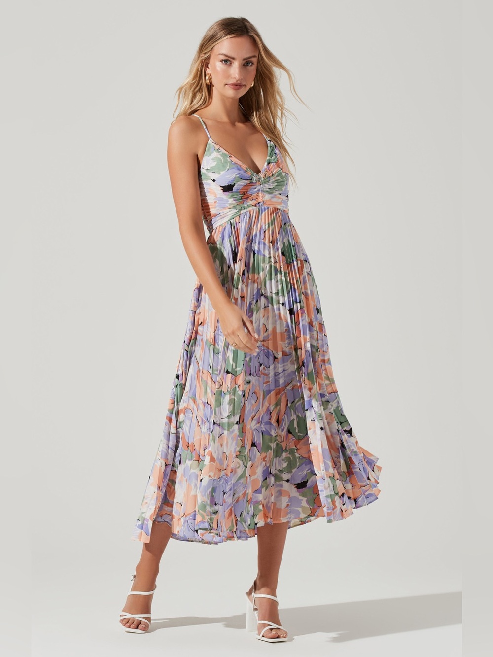 ASTR The Label Blythe Floral Plisse Pleated Midi Dress Coral Multi Size Medium - Picture 2 of 9